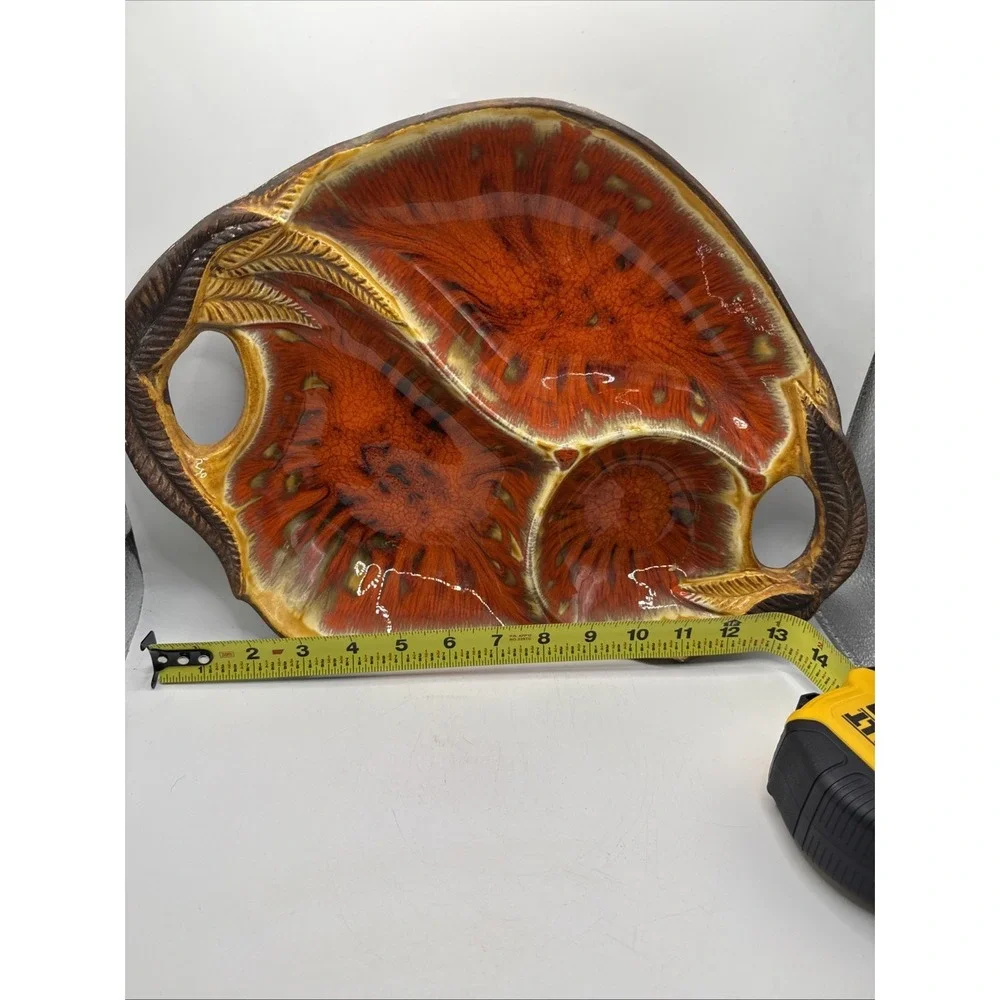 Vintage MCM Glazed‎ Divided Pottery Platter Chip Dip Orange & Brown Centerpiece